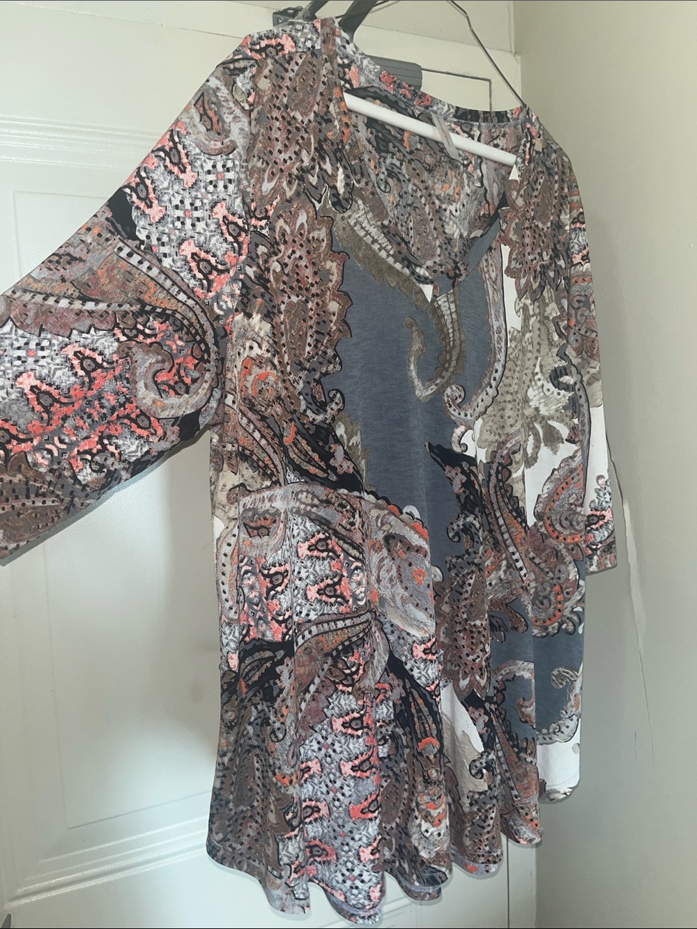 Paisley V-Neck Tunic Top in Coral and Gray